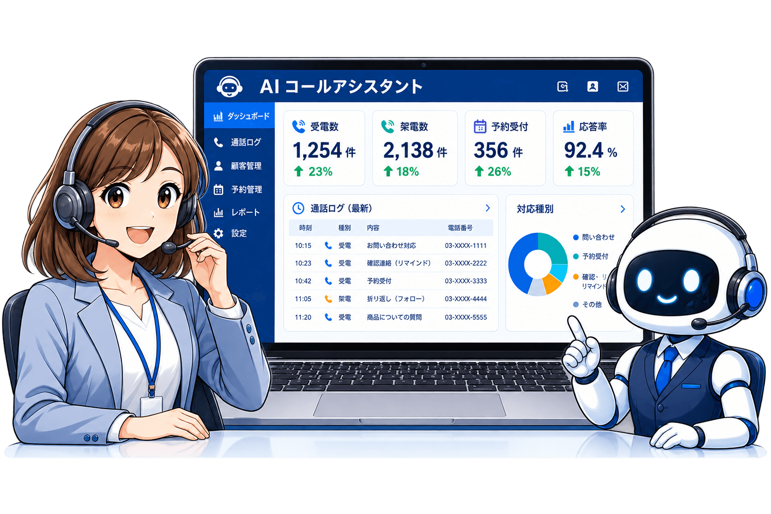 AI Voice Agent dashboard displayed on a laptop with a support agent and robot assistant